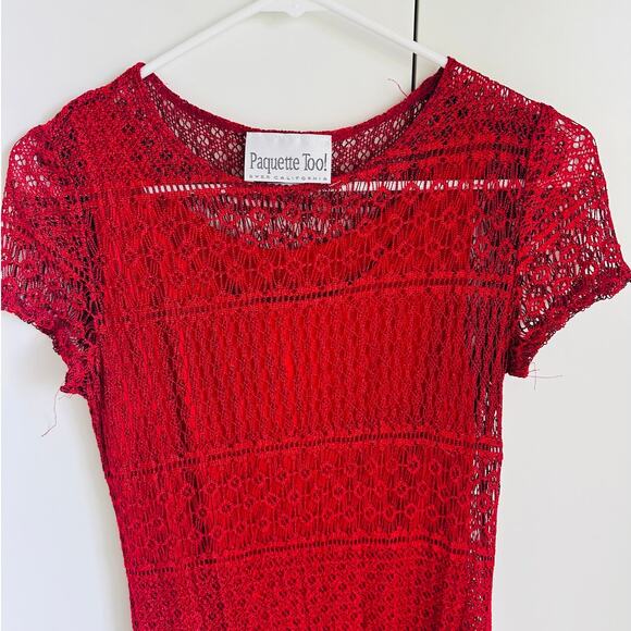 Y2K Red Crochet Dress Vampy Going out Midi Fit Size Small Party Sexy - Picture 3 of 6